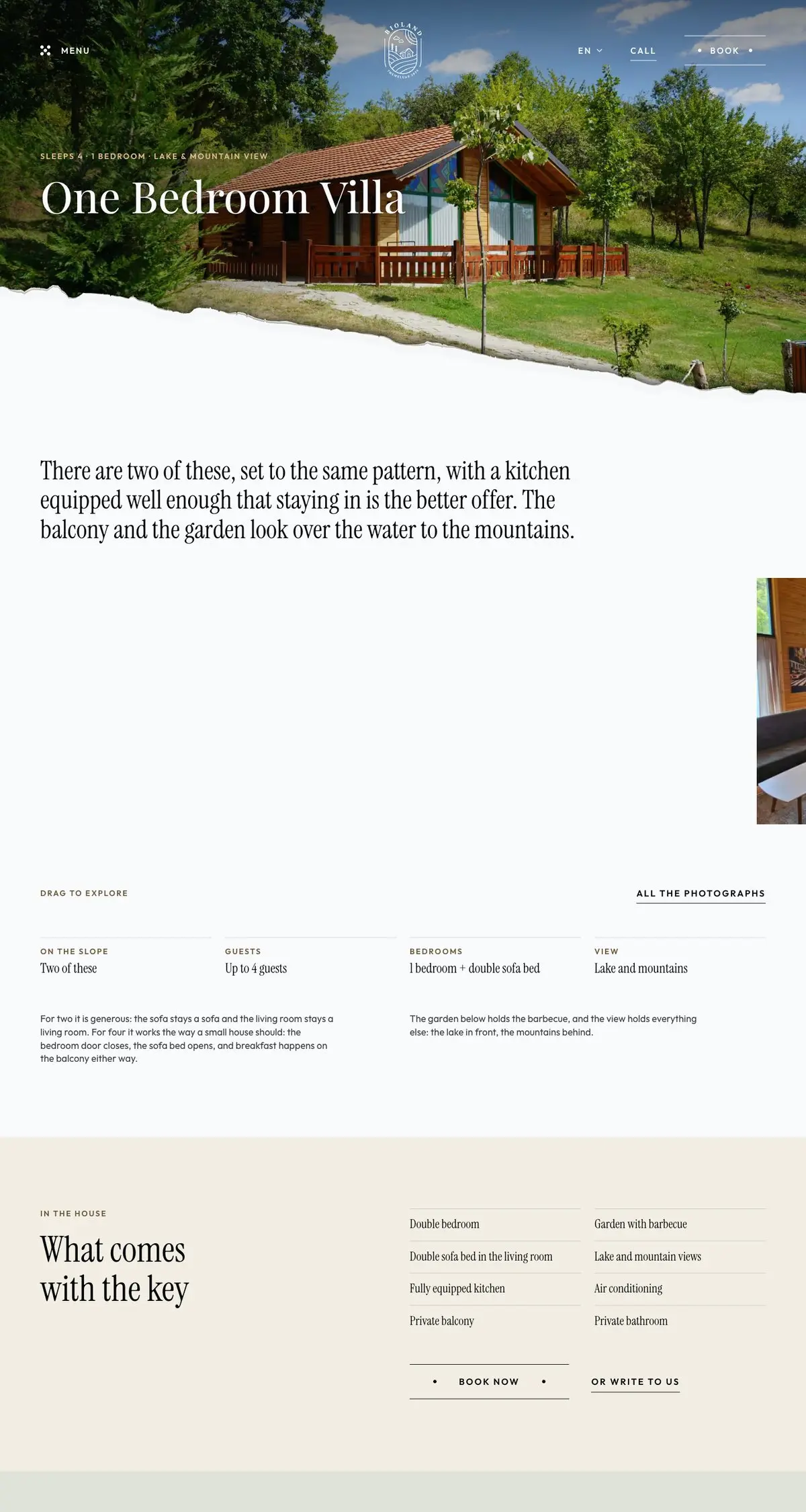 BioLand's One Bedroom Villa page on a monitor